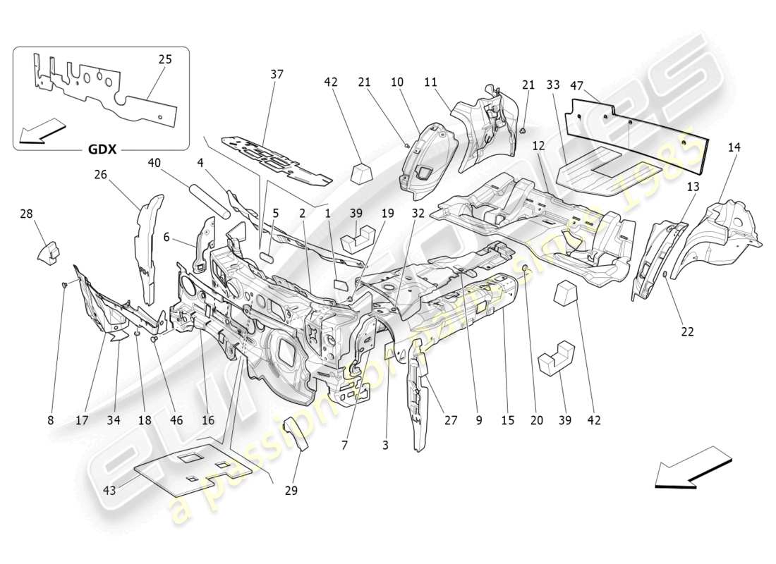 maserati ghibli (2015) schalldämmplatten im fahrzeuginnenraum teilediagramm