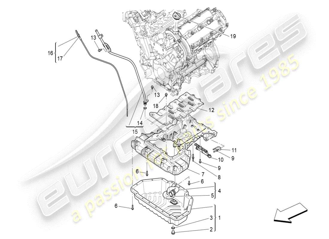 maserati ghibli (2019) schmiersystem: kreislauf und sammlung teilediagramm