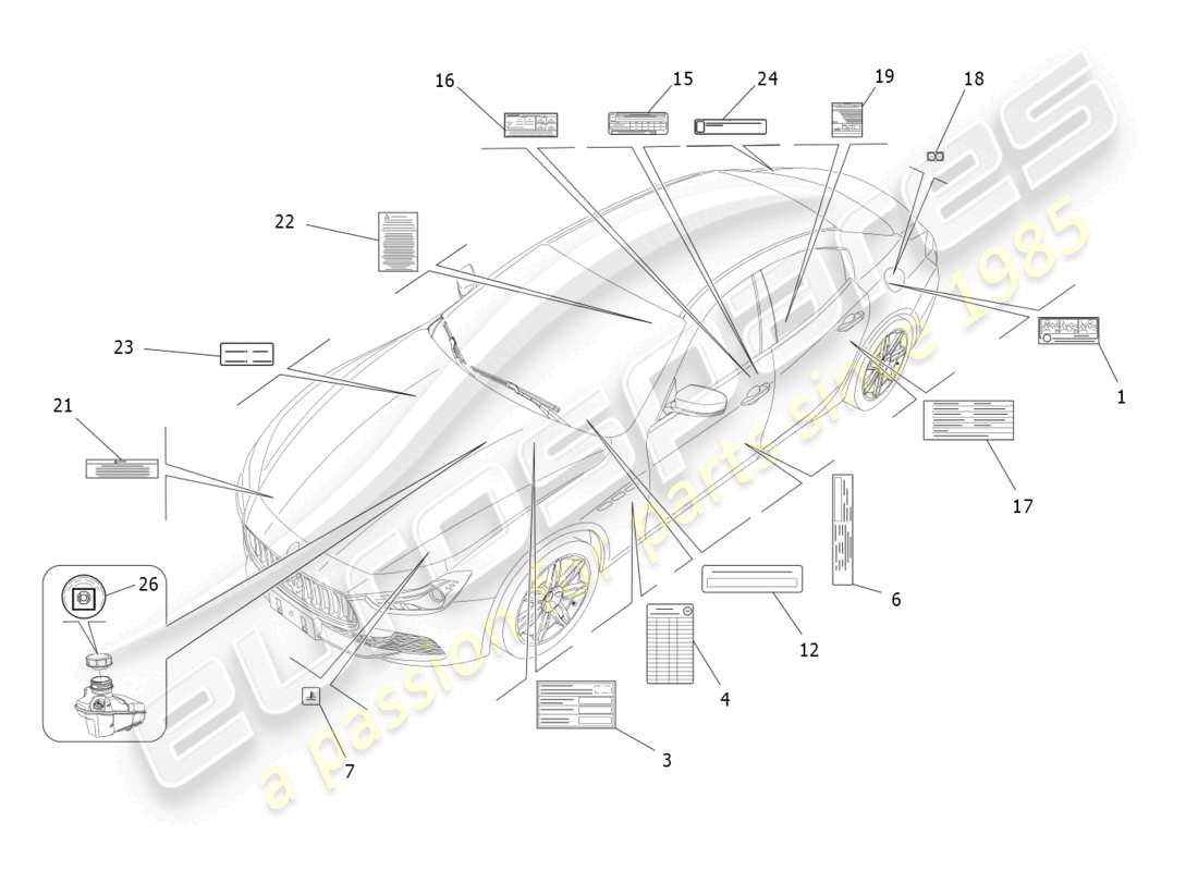 maserati ghibli (2016) aufkleber und etiketten ersatzteildiagramm