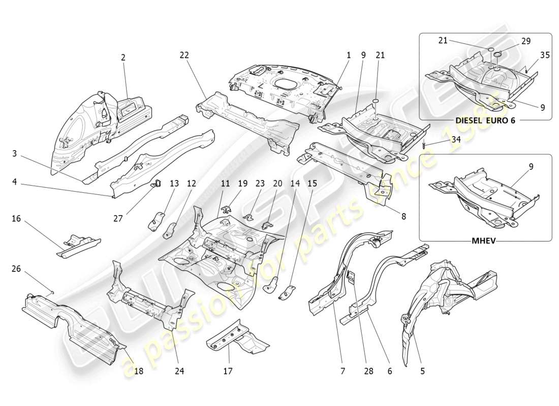 maserati ghibli (2016) hintere strukturrahmen und bleche ersatzteildiagramm