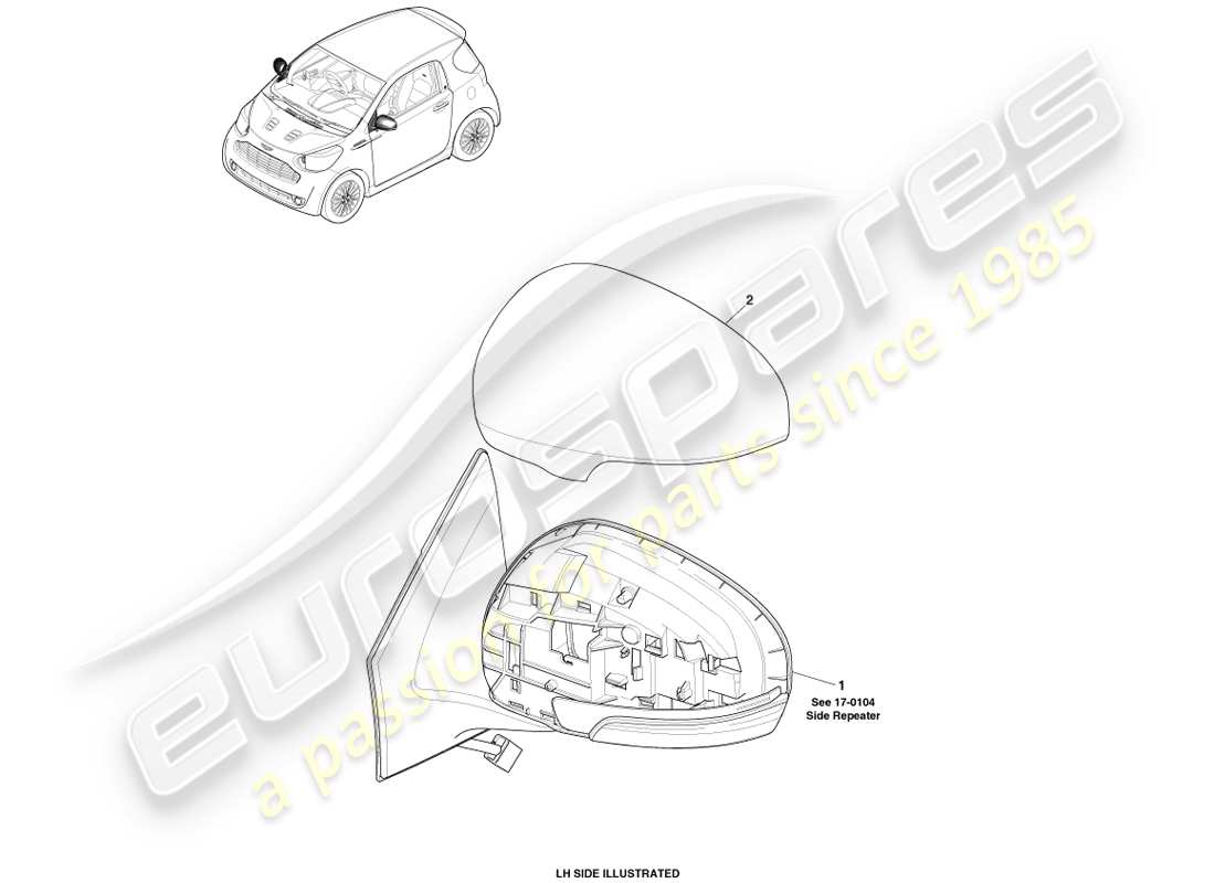 aston martin cygnet (2012) teilediagramm für außenspiegelglas