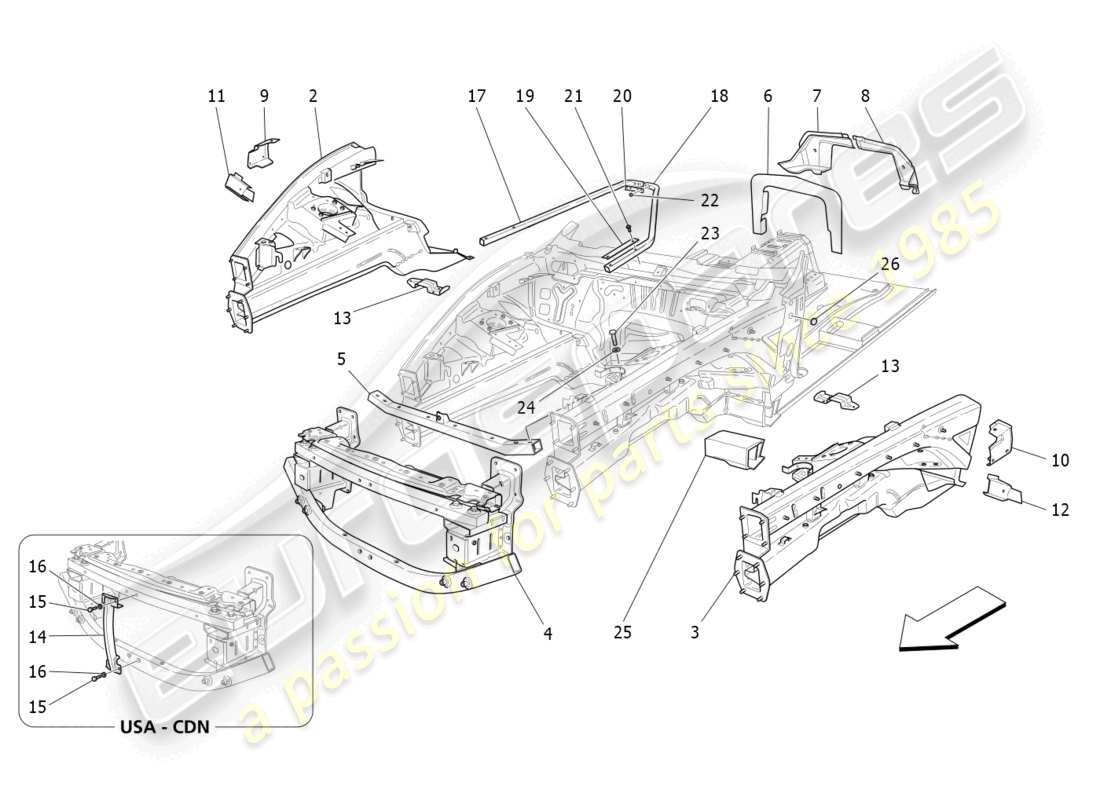 maserati grancabrio mc (2013) vordere strukturrahmen und bleche teilediagramm