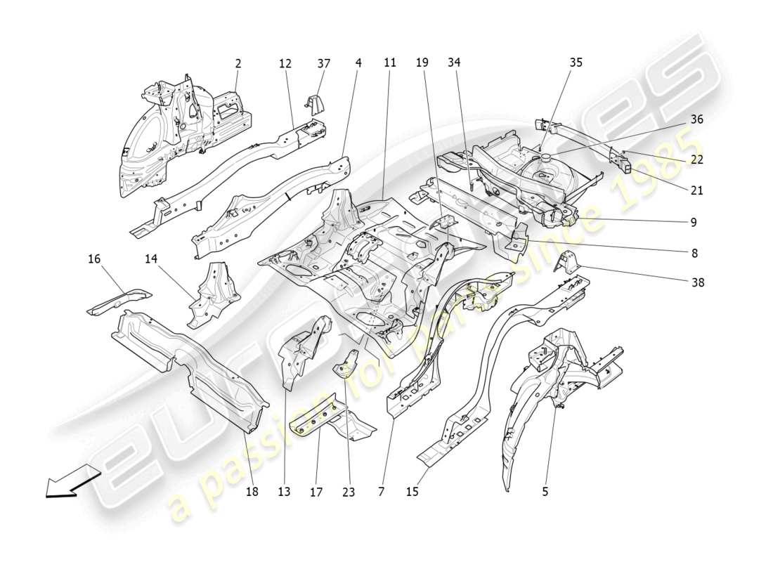 maserati levante tributo (2021) hintere strukturrahmen und bleche ersatzteildiagramm