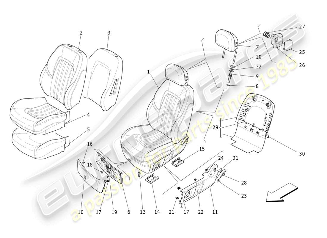 maserati ghibli (2016) vordersitze: verkleidungen ersatzteildiagramm