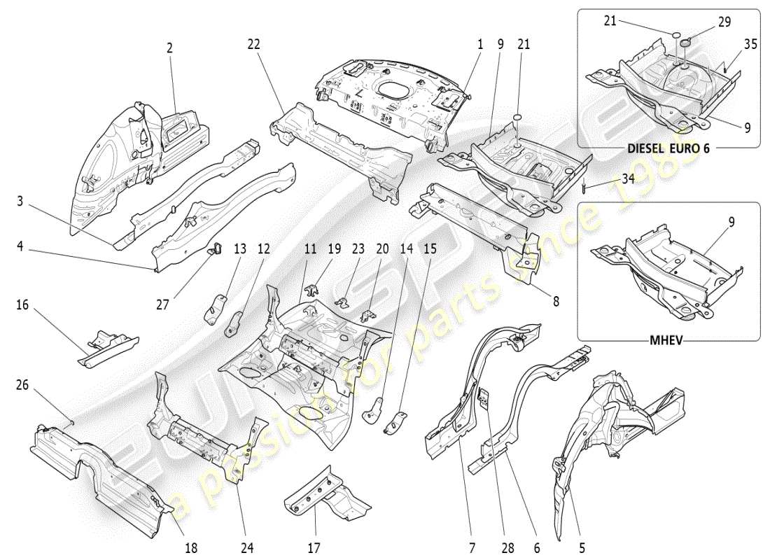 maserati ghibli (2021) hintere strukturrahmen und bleche ersatzteildiagramm