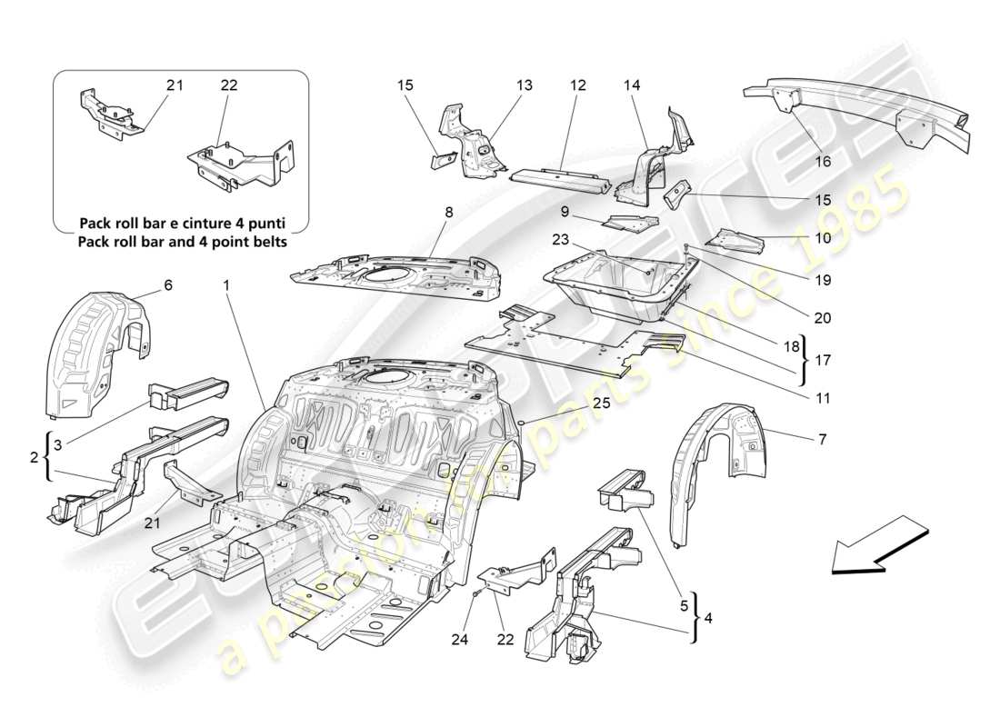 maserati granturismo mc stradale (2011) hintere strukturrahmen und bleche ersatzteildiagramm