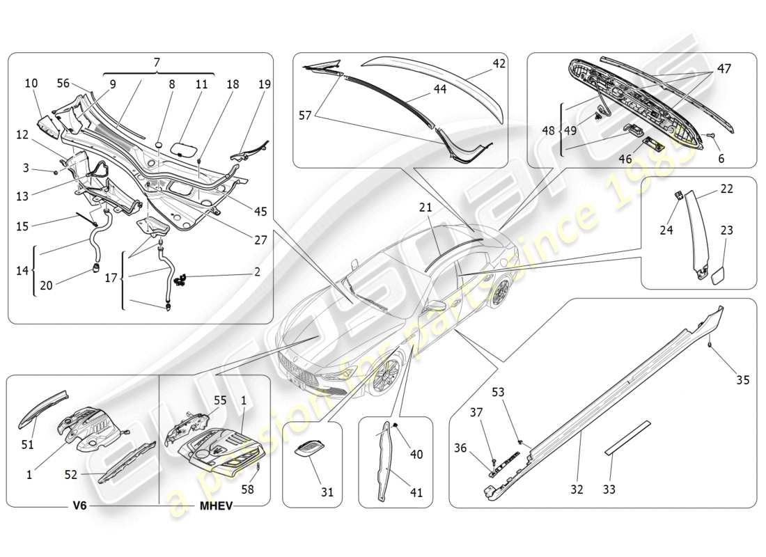 maserati ghibli (2018) schilde, verkleidungen und abdeckplatten ersatzteildiagramm