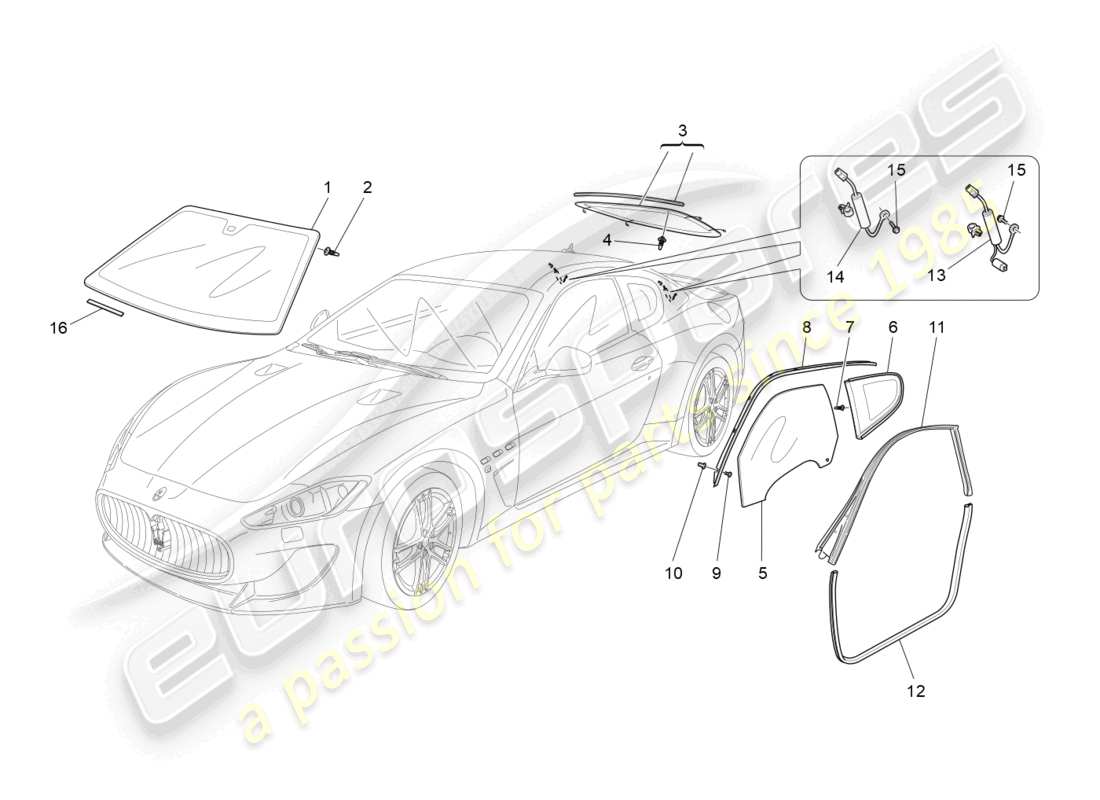maserati granturismo mc stradale (2013) fenster und fensterleisten teilediagramm