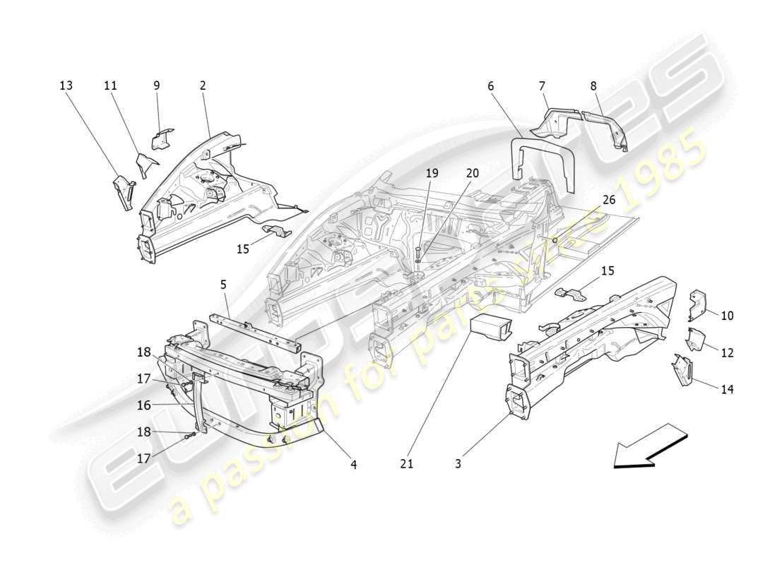 maserati granturismo mc stradale (2011) vordere strukturrahmen und bleche teilediagramm