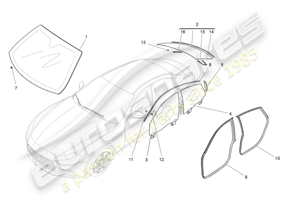 maserati ghibli (2015) fenster und fensterleisten teilediagramm