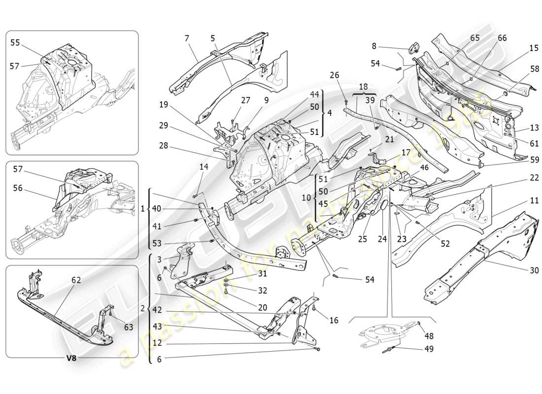 maserati ghibli (2018) vordere strukturrahmen und bleche teilediagramm