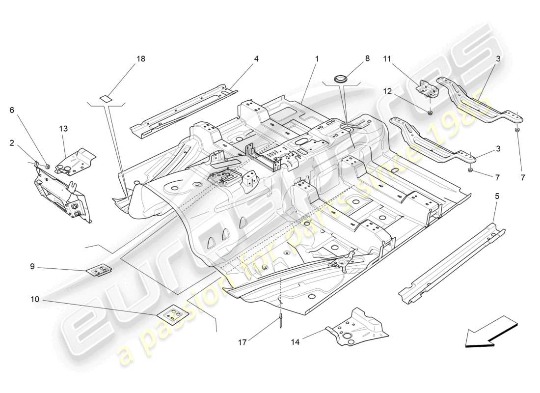maserati levante (2020) zentrale strukturrahmen und bleche teilediagramm