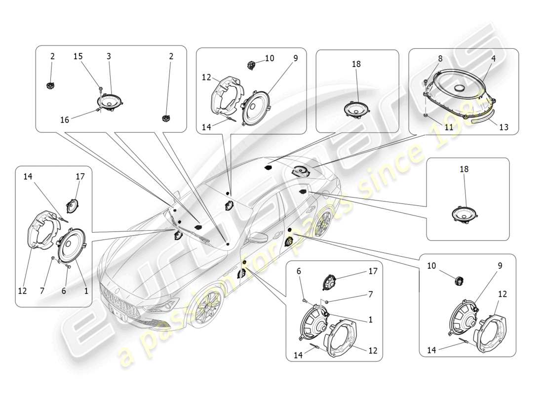 maserati ghibli (2018) teilediagramm für das schalldiffusionssystem