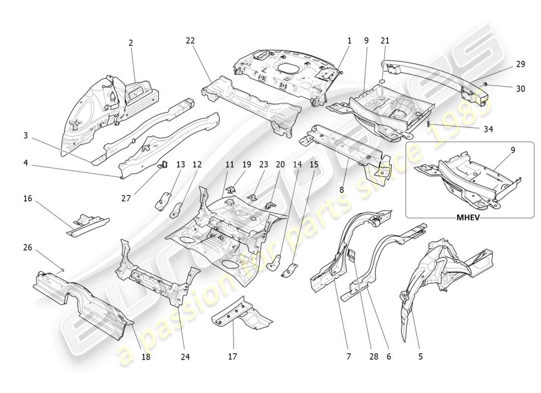 maserati ghibli (2014) hintere strukturrahmen und bleche ersatzteildiagramm