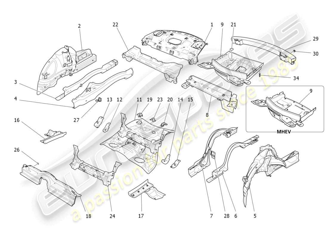 maserati ghibli (2014) hintere strukturrahmen und blechplatten teilediagramm