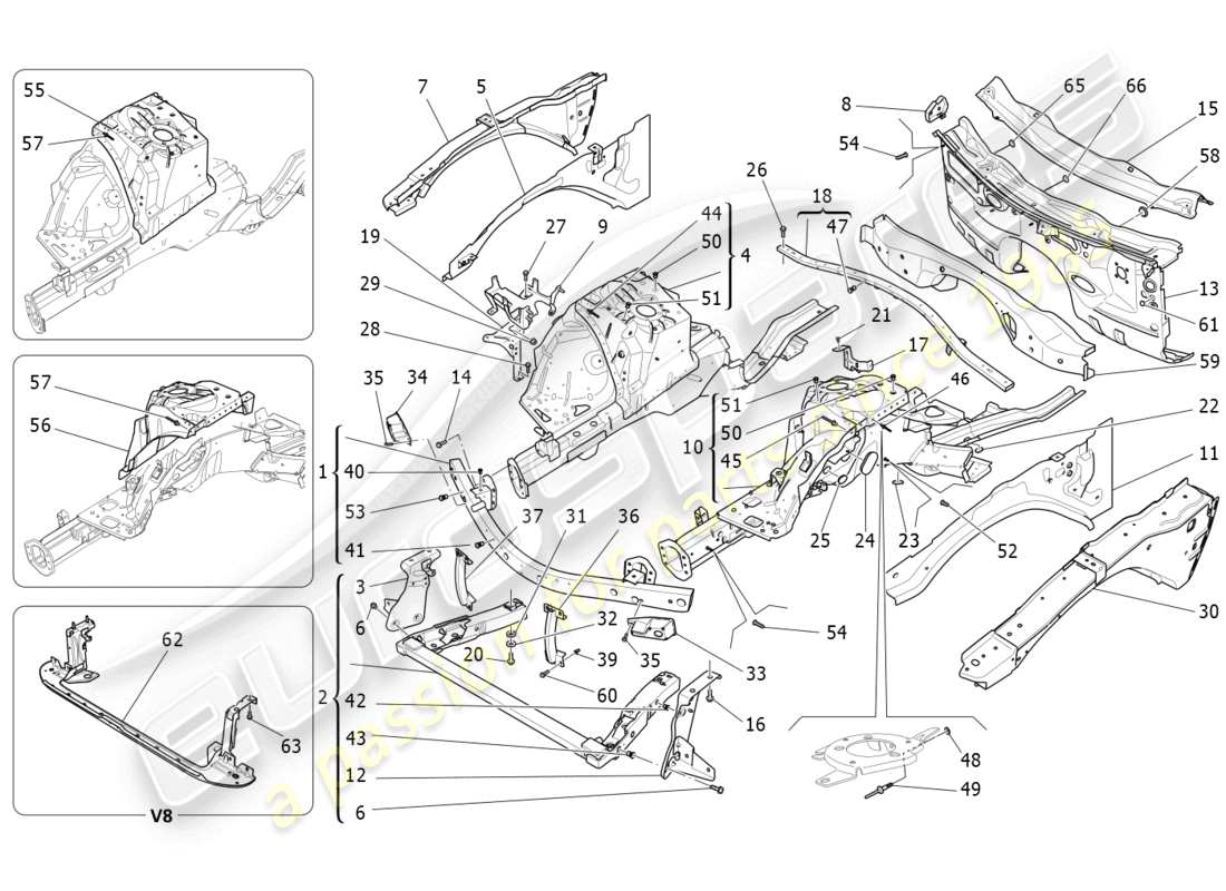 maserati ghibli (2018) vordere strukturrahmen und bleche teilediagramm