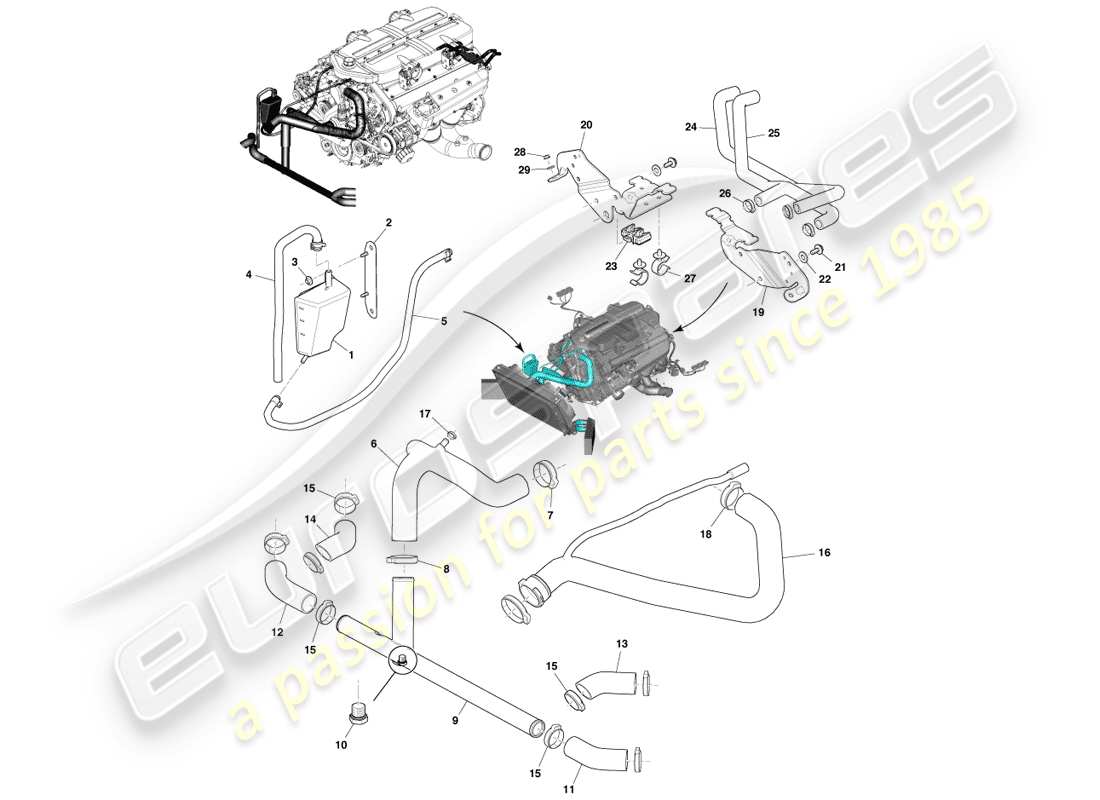 aston martin one-77 (2011) teilediagramm für kühlmittelbehälter und schläuche