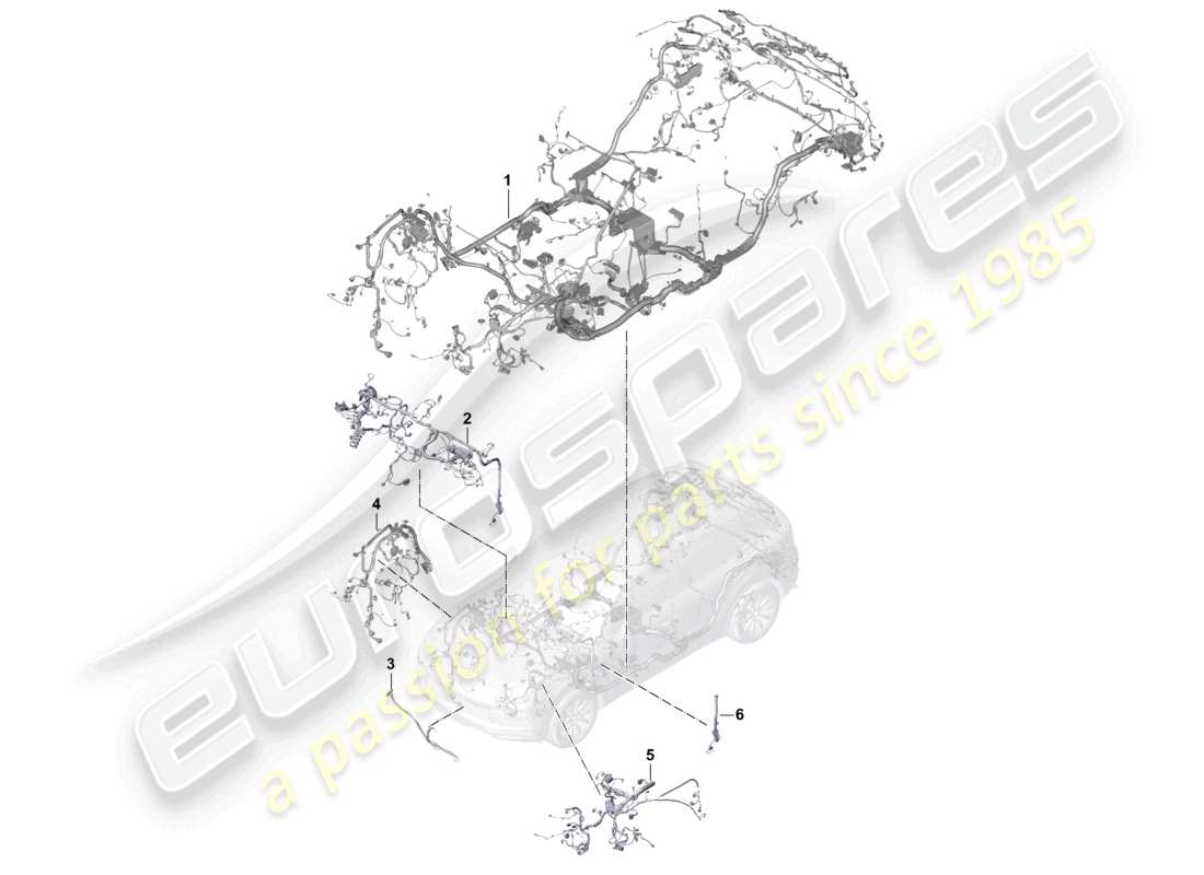 porsche 2021 (cayenne e3 9ya/9yb) kabelbäume armaturenbrett und teilabschnitt des fahrgastraumkabelbaums teilediagramm