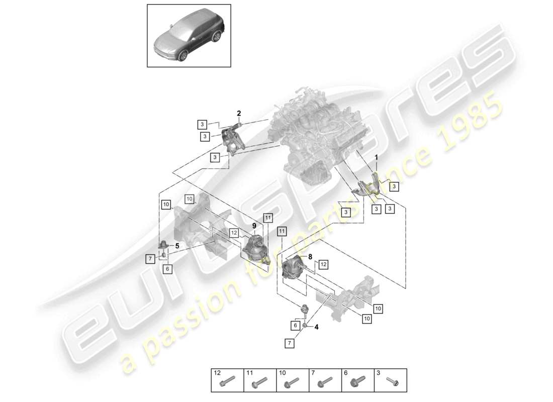 porsche 2021 (cayenne e3 9ya/9yb) motorhebevorrichtung unten konsole für motoraufhängung motoraufhängung teilediagramm