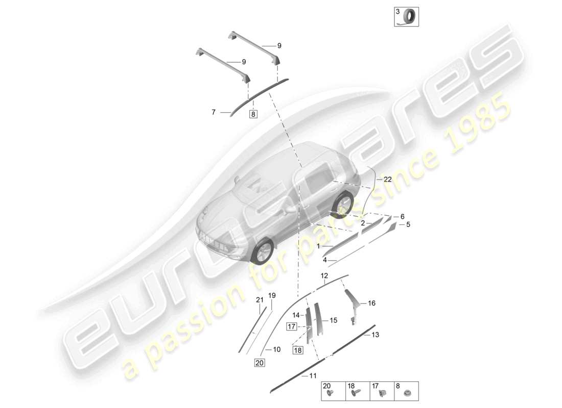 porsche 2021 (macan) äußere zierleisten teilediagramm