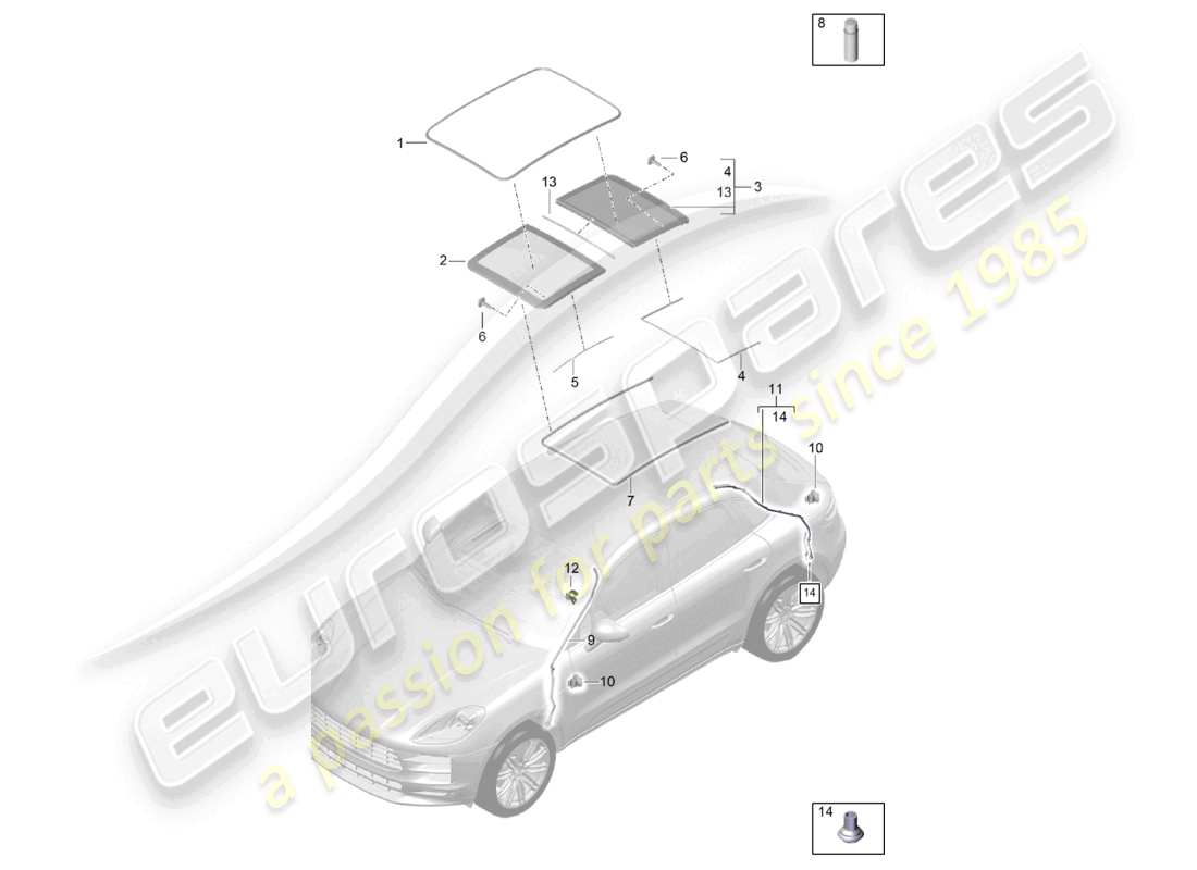 porsche 2021 (macan) glasdach zubehör abdeckung wasserablaufschlauch teilediagramm