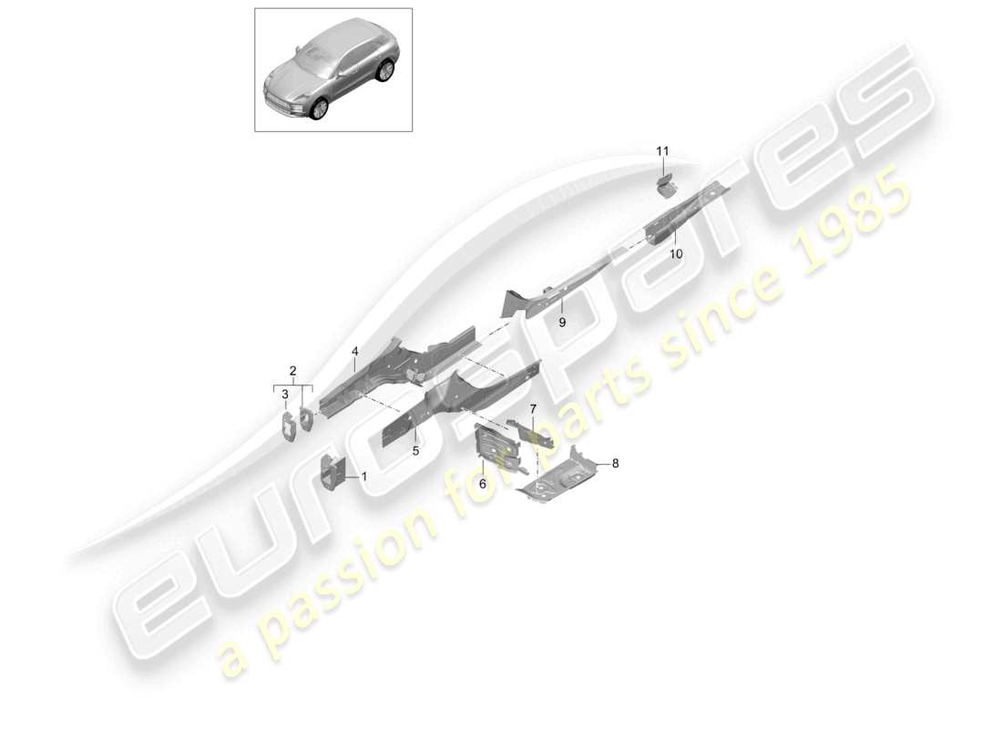 porsche 2021 (macan) vorderwagen vorne längsträger teilediagramm