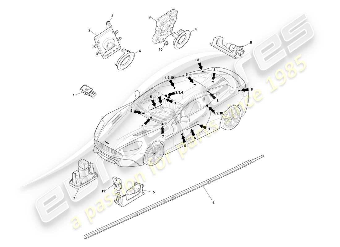 aston martin vanquish (2013) teilediagramm für innenbeleuchtung