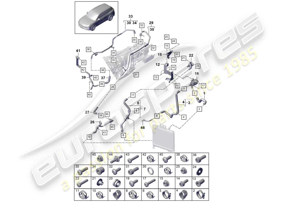 porsche 2022 (cayenne e3 9ya/9yb) kühlmittelkühlsystem teilediagramm