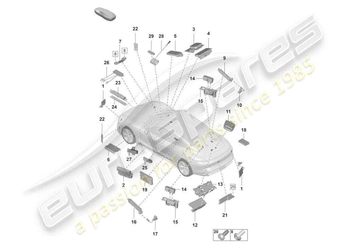 porsche 2020 (taycan 9j1-1) antennen-chipkartenleser für mautsystem teilediagramm