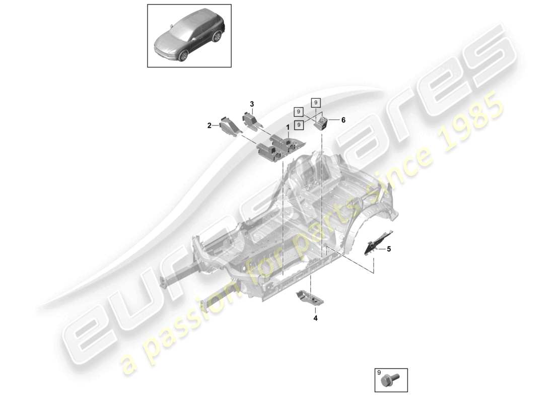 porsche 2024 (cayenne e3 9ya/9yb) bodenplatten mittelsitzstütze teilediagramm