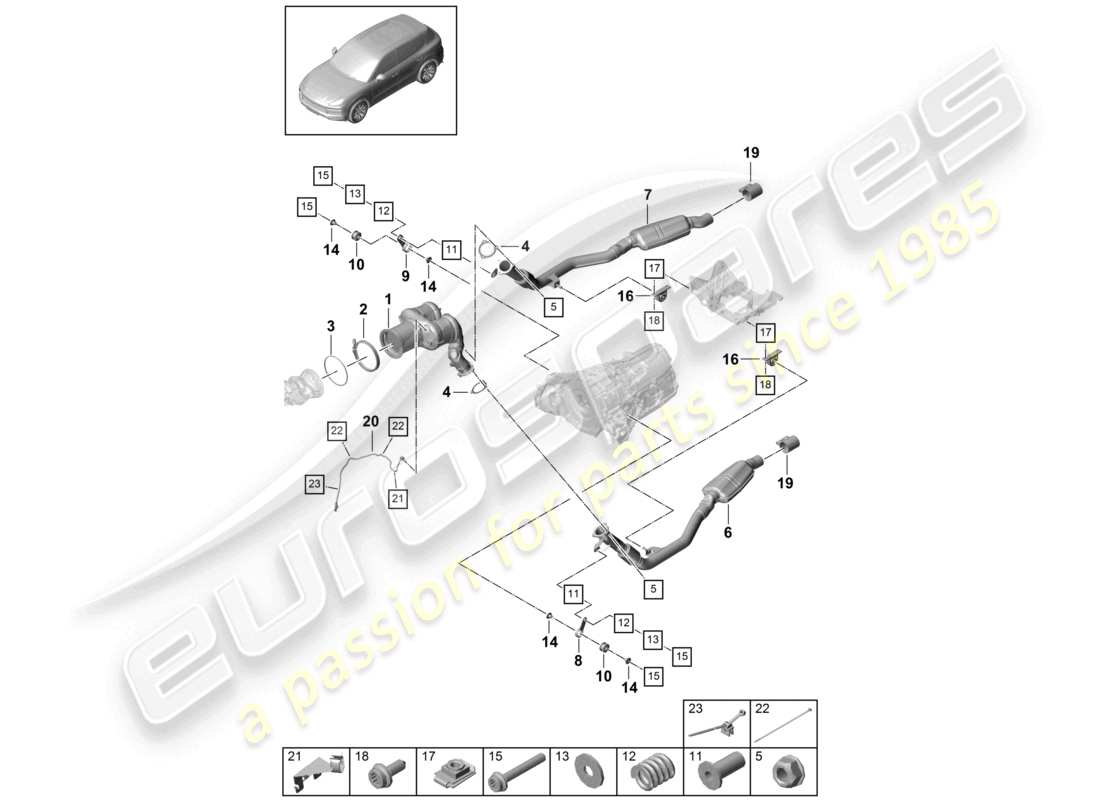 porsche 2023 (cayenne e3 9ya/9yb) abgasanlage katalysator ottopartikelfilter lambdasonde teilediagramm