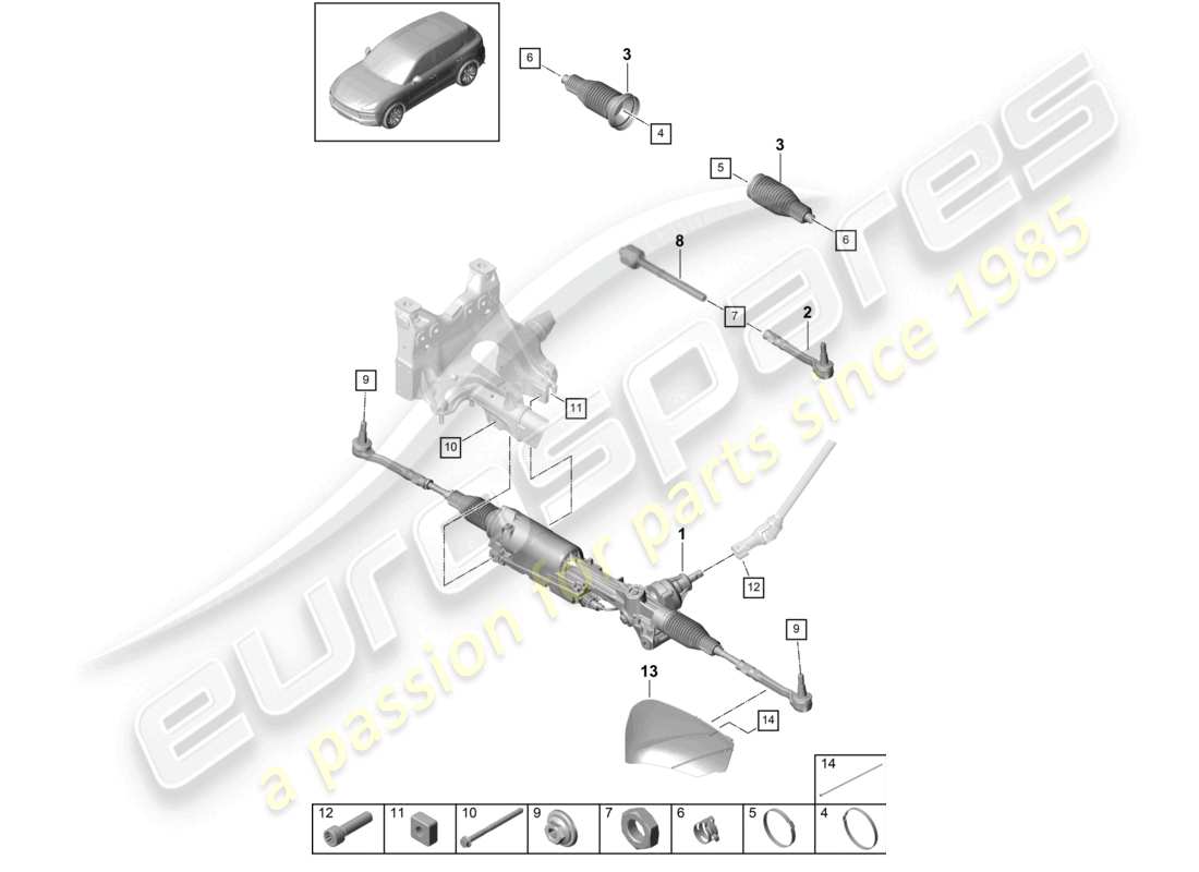 porsche 2021 (cayenne e3 9ya/9yb) lenkgetriebe zubehör teilediagramm