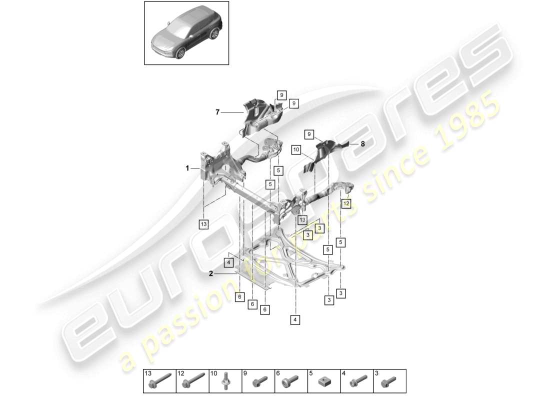 porsche 2023 (cayenne e3 9ya/9yb) stützrahmen aufhängungshilfsrahmen schutzplatte teilediagramm