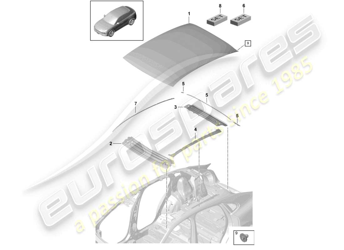 porsche 2022 (cayenne e3 9ya/9yb) äußeres dachpaneel carbon querträger coupé teilediagramm