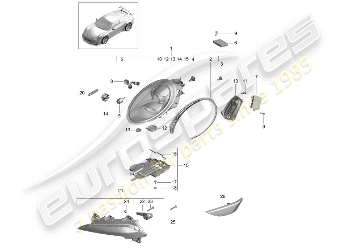 porsche 2021 (991-2 r/gt3/rs) scheinwerfer zusatzscheinwerfer blinker seitenmarkierungsleuchte blinker-repeater d >>- mj 2017 ersatzteilzeichnung