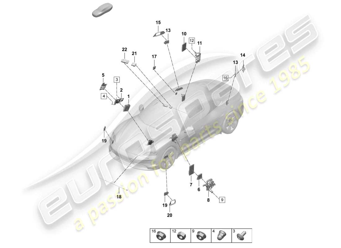 porsche 2025 (taycan 9j1-2) steuergeräte steuergerät für fahrerassistenzsysteme steuergerät für thermomanagement steuergerät (bcm) für klimasystem & ob-stromversorgung steuergerät für spurwechselassistent steuergerät für garagentoröffnung steuergerät für objekterkennung glas r teilediagramm