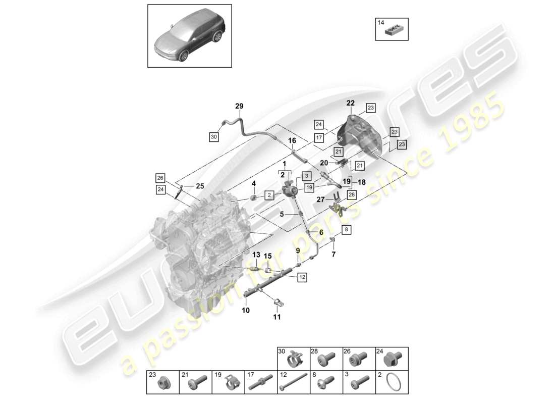 porsche 2021 (cayenne e3 9ya/9yb) kraftstoffsammelleitung hochdruckeinspritzdüse hochdruckpumpe teilediagramm