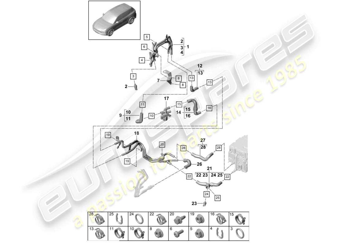 porsche 2021 (cayenne e3 9ya/9yb) kühlmittelkühlsystem teilediagramm