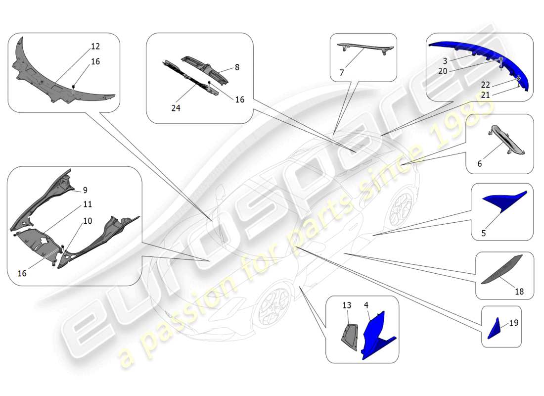 maserati mc20 cielo (2023) schilde, verkleidungen und abdeckplatten ersatzteildiagramm