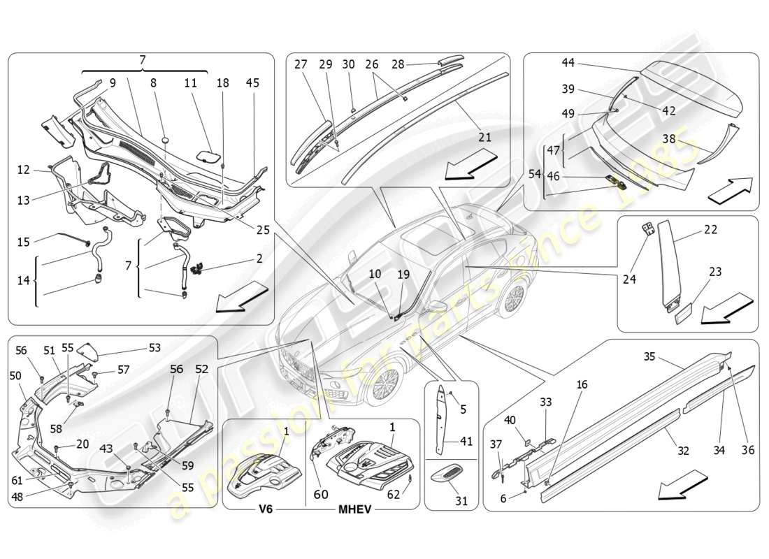 maserati levante modena s (2022) schilde, verkleidungen und abdeckplatten ersatzteildiagramm