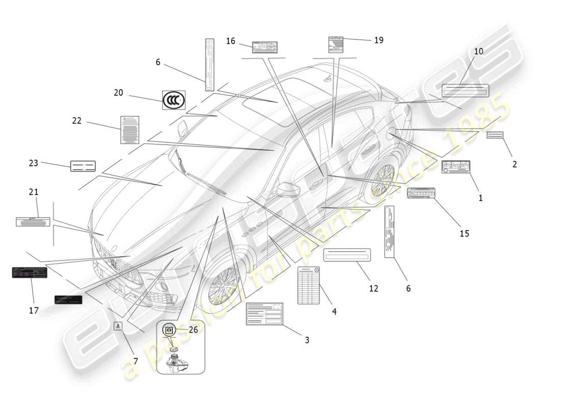 maserati levante (2017) aufkleber und etiketten ersatzteildiagramm