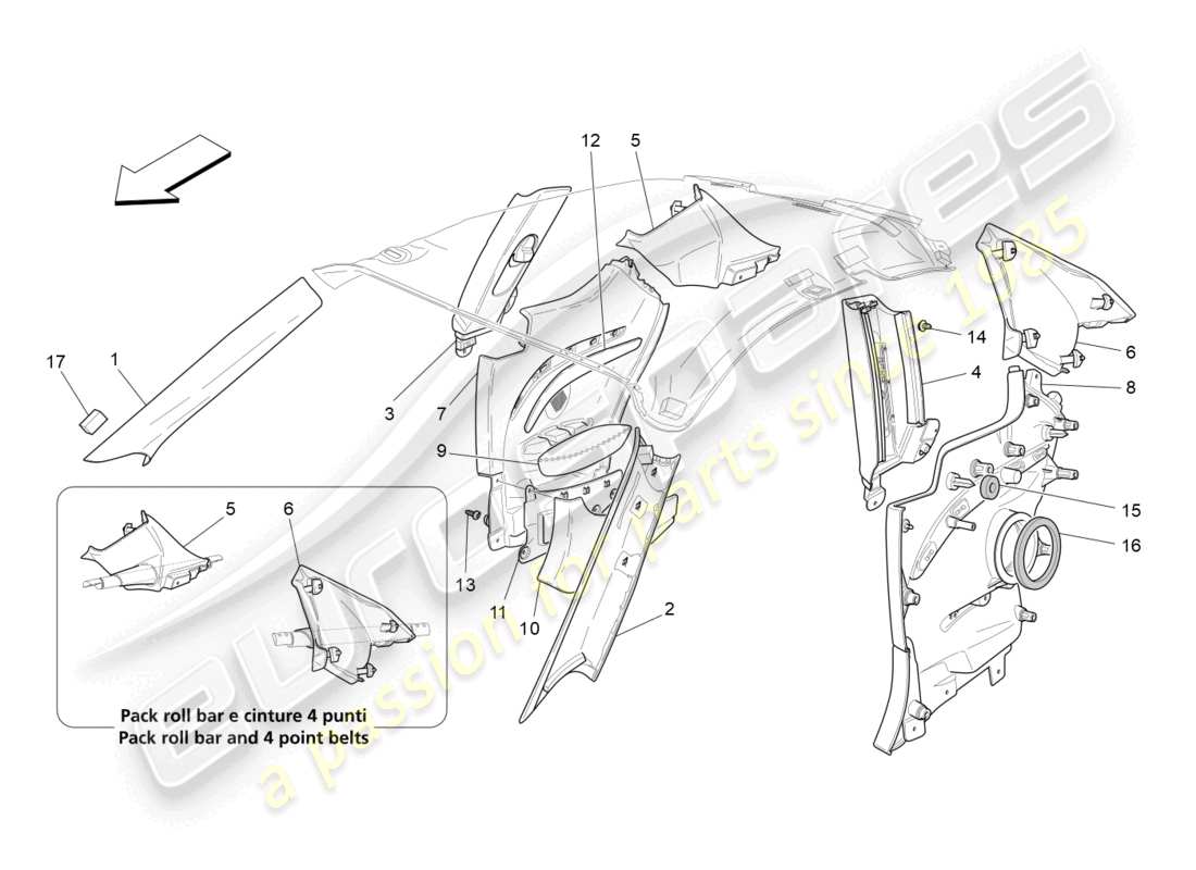 maserati granturismo mc stradale (2011) fahrgastinnenraum - b-säulenverkleidungen und seitenverkleidungen ersatzteildiagramm