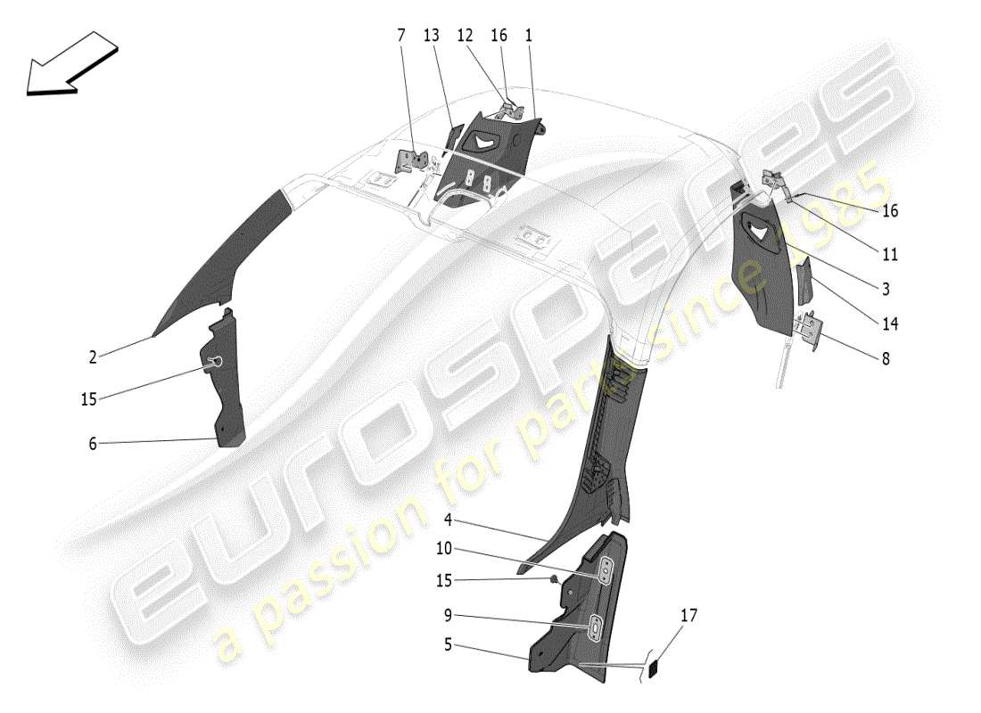 maserati mc20 (2024) fahrgastinnenraum - b-säulenverkleidungen und seitenverkleidungen ersatzteildiagramm