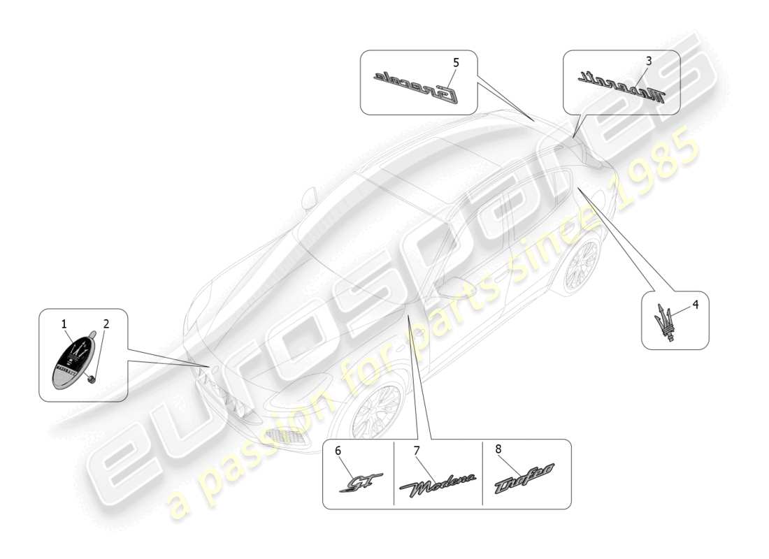 maserati grecale trofeo (2023) verzierungen, marken und symbole teilediagramm