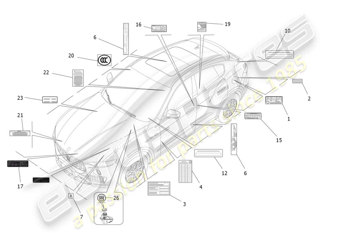 maserati levante gts (2020) aufkleber und etiketten ersatzteildiagramm