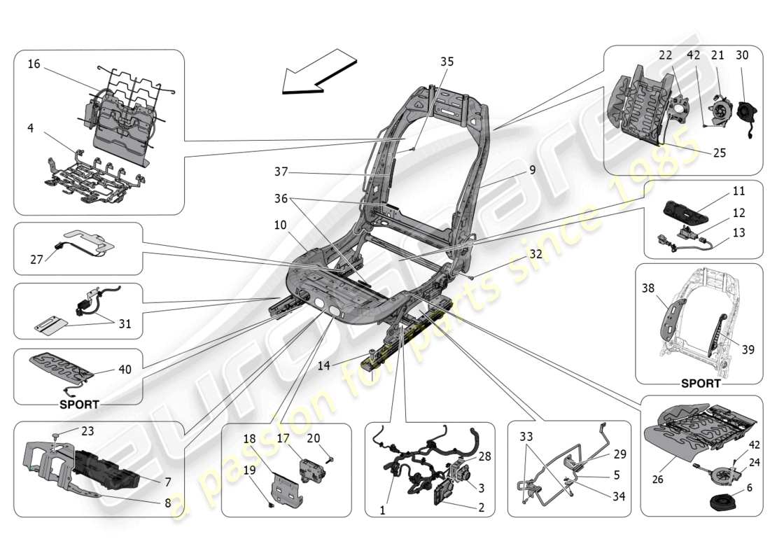 maserati grecale trofeo (2023) vordersitze: mechanik und elektronik teilediagramm