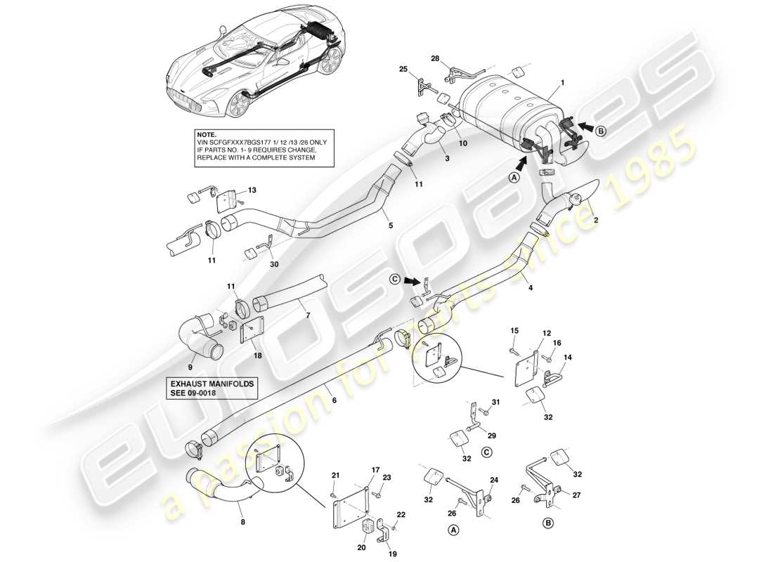 aston martin one-77 (2011) auspuffanlage teilediagramm