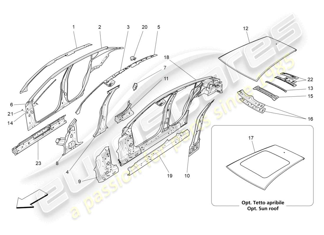 maserati levante trofeo (2020) karosserie und mittlere aussenverkleidung teilediagramm