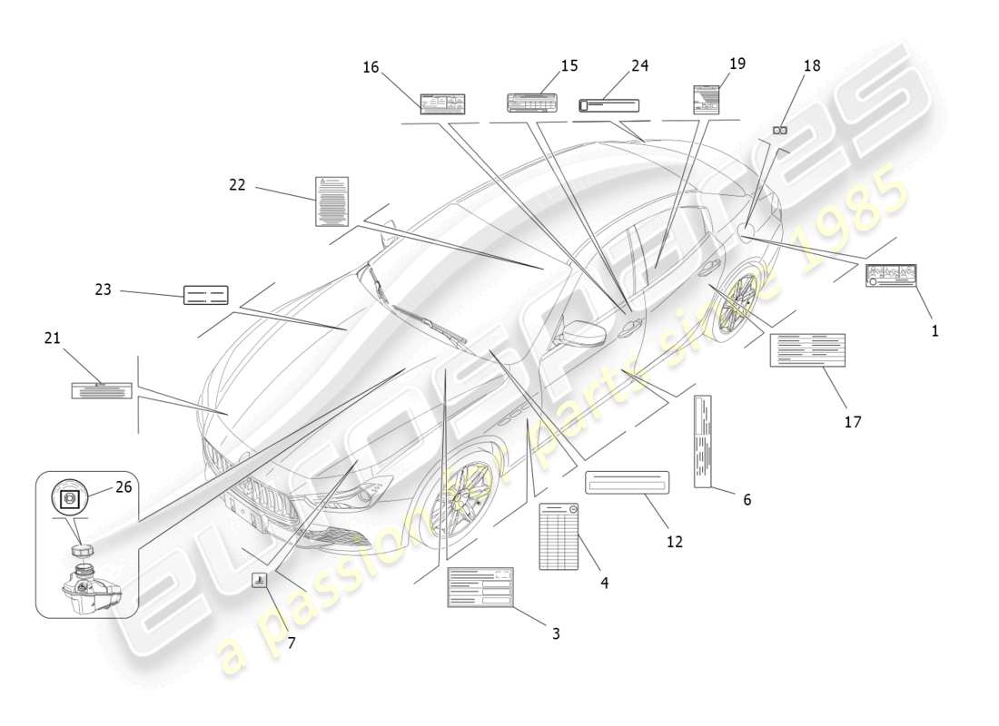 maserati ghibli (2014) aufkleber und etiketten ersatzteildiagramm