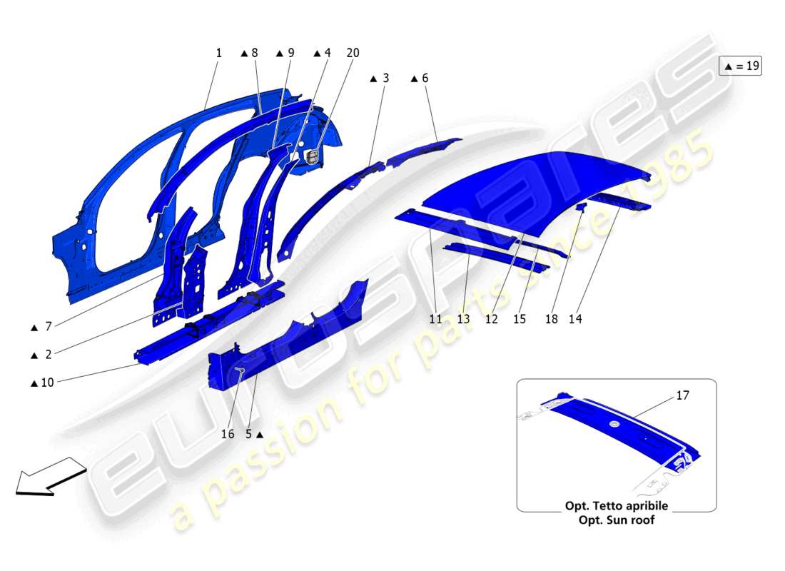 maserati grecale trofeo (2023) karosserie und mittlere aussenverkleidung teilediagramm